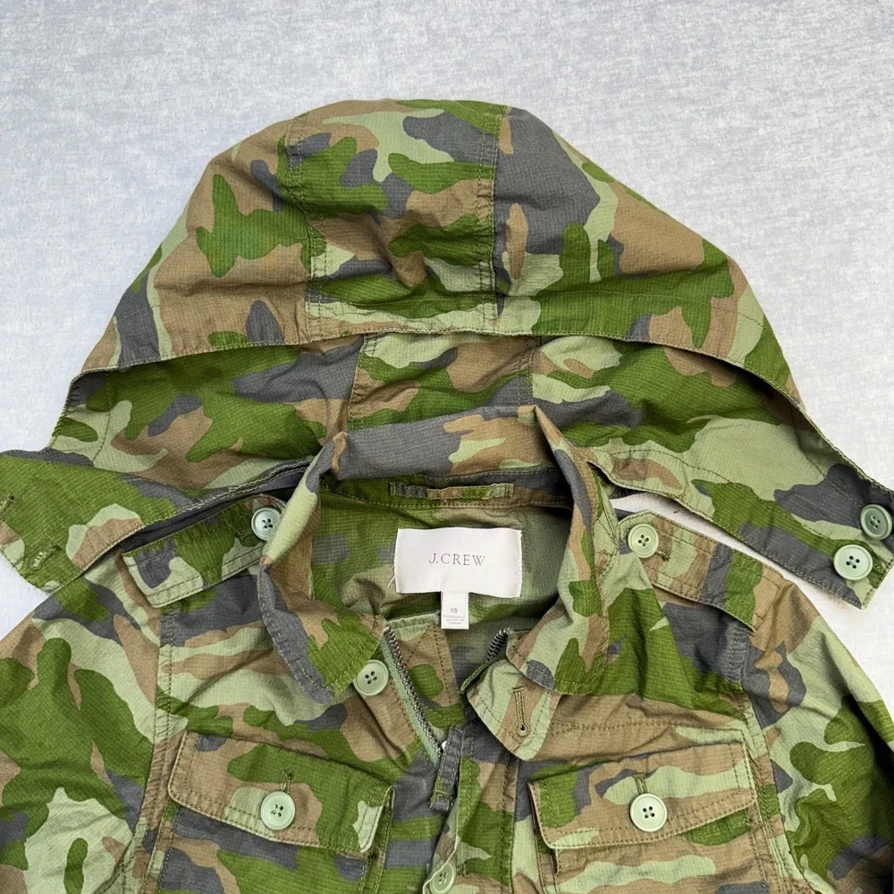 J Crew Jacket Women XS Green Camo Military Parka Utility Adjustable Ripstop Hood